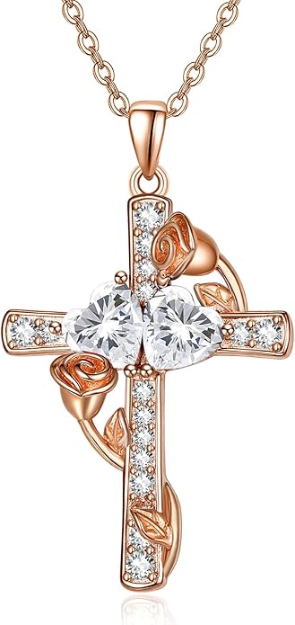 Rose Gold Dual Birthstones Cross Necklace for Women Rose Flower Jewelry Anniversary Christmas Mother's Valentine's Day Birthday Gift for Wife Girlfriend Mom - Bloomnest