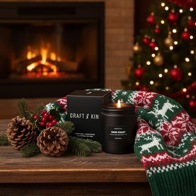 Craft & Kin Premium Dark Roast Coffee Candle | Black Christmas Scented Candles for Home | Long Lasting with 45 Hour Burn Time, 7.6oz | Soy Holiday Candle | Aromatherapy at Home | Gifts for Men - Bloomnest