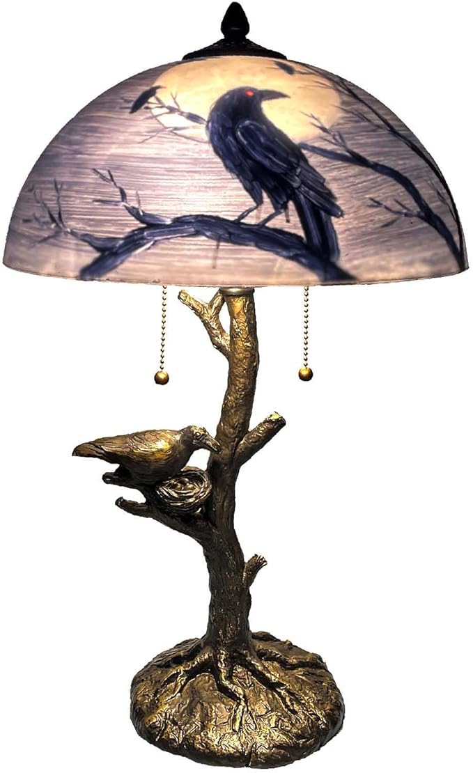 Bieye L10945 Ravens Sitting on Bare Tree Branch Against Full Moon Hand-Painted Glass Table Lamp with Raven Nest Lamp Base for Halloween Home Decor