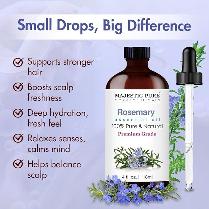 Majestic Pure Rosemary Essential Oil with Glass Dropper - Huge 4 Fl Oz - 100% Pure and Natural Rosemary Oil - Premium Grade Essential Oils for Diffuser, Aromatherapy, Soap and Candle Making - Bloomnest