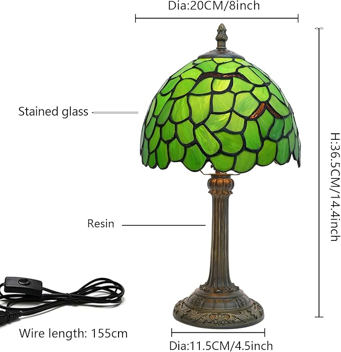 Tiffany Lamp Stained Glass Table Lamp 8X8X14 Inches Desk Reading Light Decor Beside Bedroom Living Room Home (H-1056- Green Leaf) - Bloomnest
