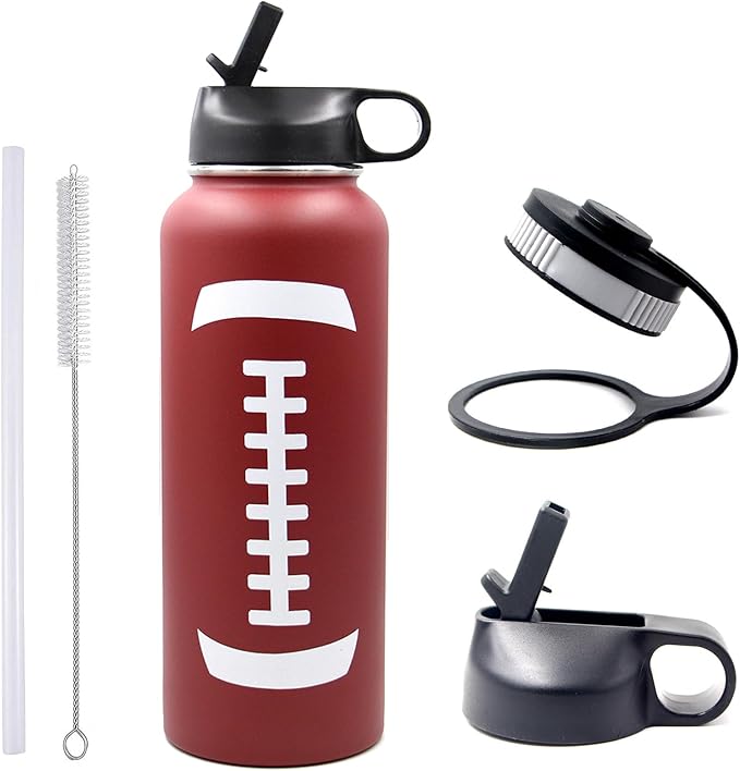 40 oz Football Water Bottle with Straw, Wide Mouth Sports Flask Metal Travel Tumbler with 2 Lids, Stainless Steel Double Wall Vacuum Insulated Thermo Water Jug, Football Gear Gifts for Boys Girls - Bloomnest