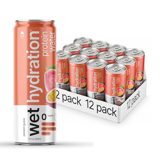 Wet Hydration | Functional Wellness Water, Non-Carbonated - Passion Guava (12 fl. oz. / 355ml Cans, Pack of 12) - Zero Calorie Hydration Drink with Electrolytes, Clear Whey Protein, BCAAs, Protein Water, No Sugar, No Artificial Ingredients - Bloomnest