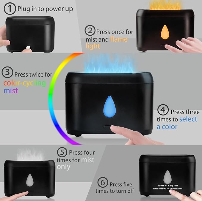 Flame Diffuser for Essential Oils, 200ml Ultrasonic Aroma Diffusers with Cool Mist, Aromatherapy Diffuser with Auto-Off Protection, Small Humidifier for Home,Office,Gift,B(7 Colors)+Oils（Each 5ml） - Bloomnest