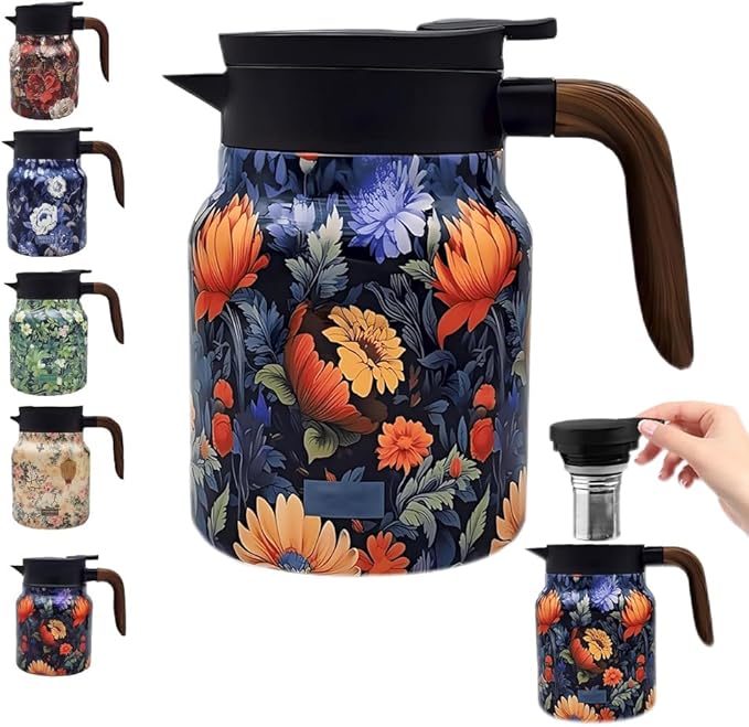 Vintage Floral Pattern Tea Pots, Doresty Teapots, Vintage Floral Pattern Teapots Built-in Infuser Stainless Steel Thermal Carafe with Lid for Hot Drinks(Wooden handle,35oz)