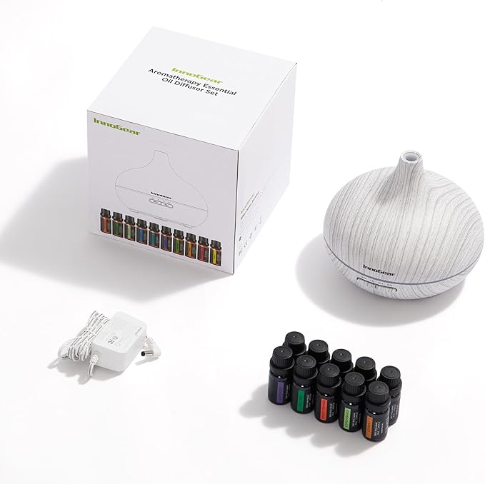 InnoGear Aromatherapy Diffuser & 10 Essential Oils Set, 400ml Diffuser Ultrasonic Diffuser Cool Mist Humidifier with 4 Timers 7 Colors Light Waterless Auto Off for Large Room Office, White Grey - Bloomnest