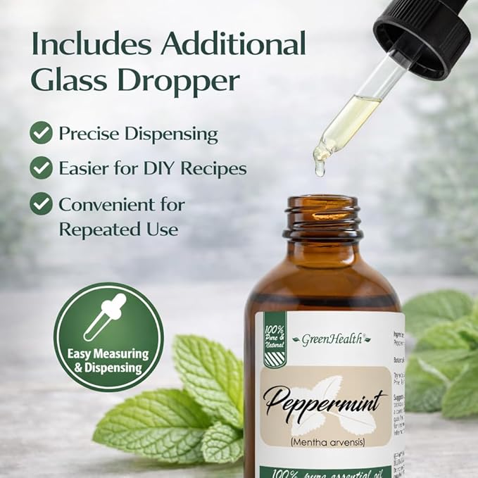 GreenHealth Peppermint Essential Oil 4 fl oz - 100% Pure Essential Oil - Amber Glass Bottle w/Glass Dropper - Fresh Mint Aroma for Diffusers, Candles, Soap Making, DIY Use Greenals