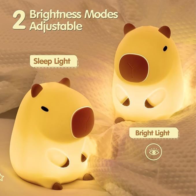 ATSUI Cute Capybara Night Light, LED Squishy Novelty Animal Lamp, Food Grade Silicone, 2 Level Dimmable, Breastfeeding Nursery Nightlight for Room Decor, Funny Gifts Stuff for Boys Girls Baby Children - Bloomnest
