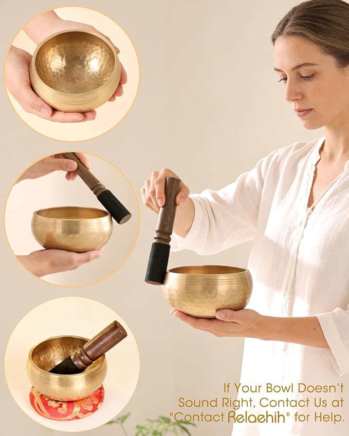 Tibetan Singing Bowls Set Authentic - Handmade in Nepal Sound Bowl for Yoga, Chakra, Meditation, Stress Relief Tool, Meditation Accessories and Unique Gifts for Women, Men RelaehihforEveryone