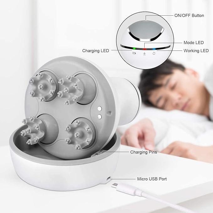 cotsoco Electric Scalp Head & Back Massager, Cordless Hair Massage Waterproof Head Massager with 4 Heads 84 Nodes for Hair Growth, Stress Relief & Deep Clean, Gifts for Men Women, White cotsoco