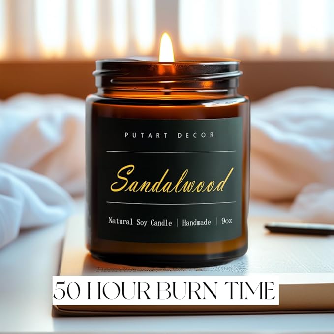 Sandalwood Scented Candles for Home, 9oz Natural Soy Wax Aromatherapy Organic Santal Candle for Stress Relief, Long Burning & Lasting Jar Candle Gifts for Birthday, Housewarmings, Thanksgiving - Bloomnest