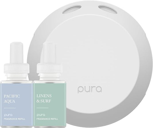 Pura - Smart Home Fragrance Device Starter Set - Pura 4 - Scent Diffuser for Home - Includes Fragrance Aroma Diffuser - Square Box, Pacific Aqua and Linens & Surf Scent Refills - Bloomnest