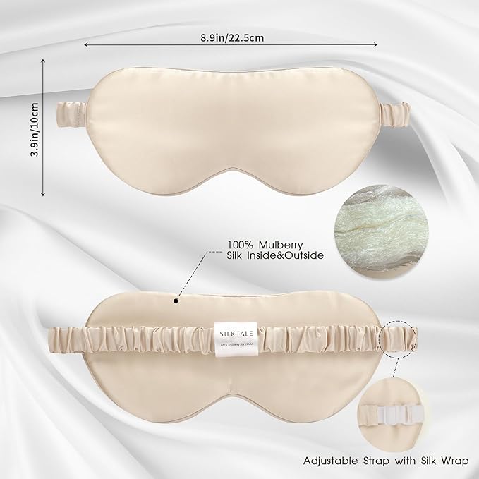 100% Mulberry Silk Eye Mask for Sleeping with Silk Wrapped Adjustable Strap,Beige - Bloomnest