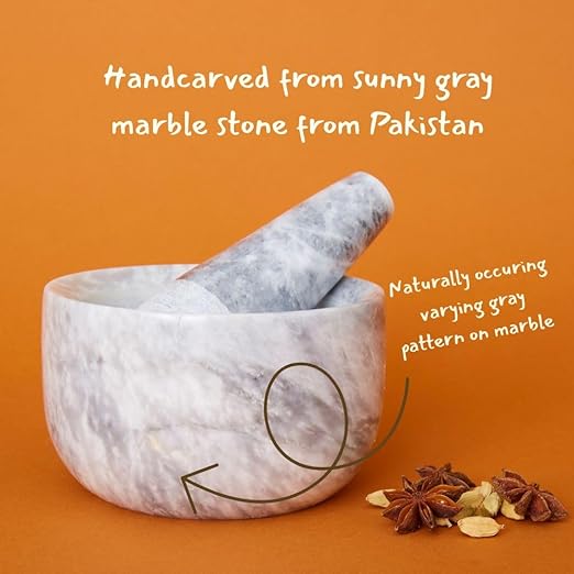 Kitchen Utensils & Gadgets, Seasoning & Spice Tools, Mortar Pestle Set, Grinder for Spices and Herbs, Kitchen Countertop, Small Spaces, Aesthetic, Sturdy, Round, 5" Wide, Gray White Marble Stone - Bloomnest