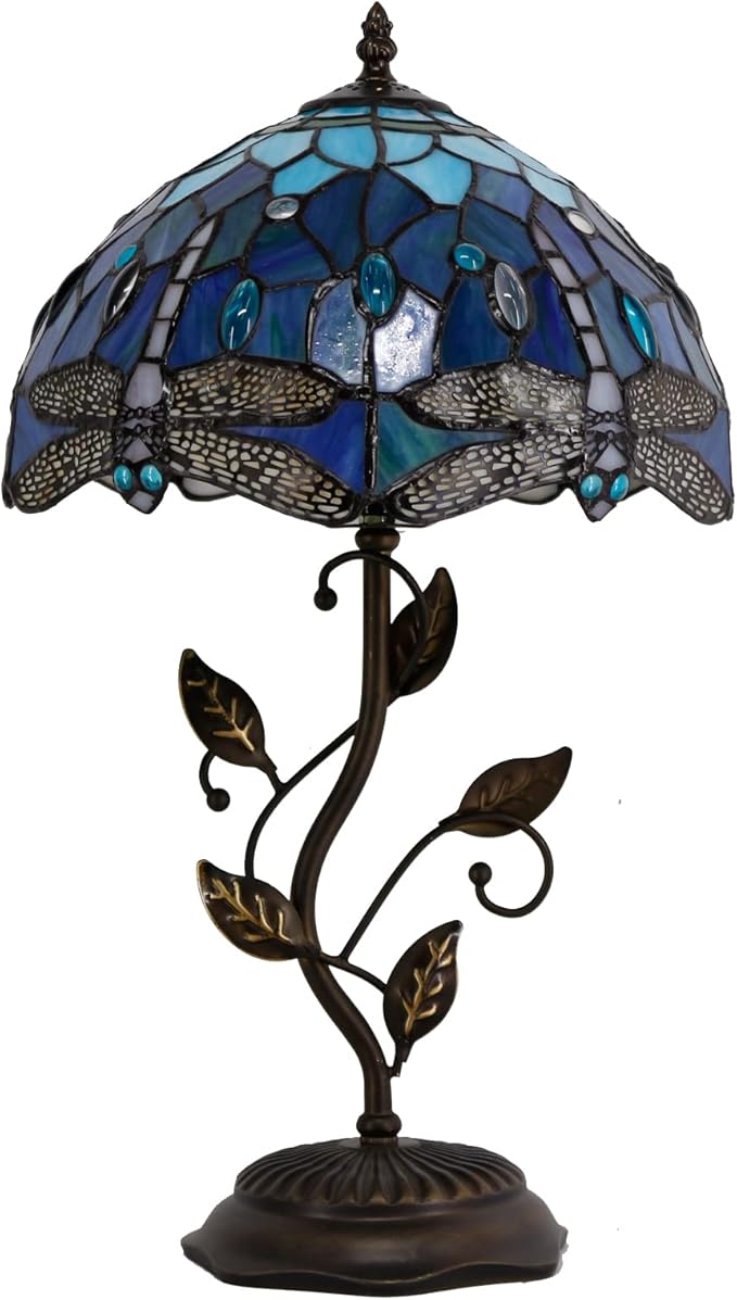 Tiffany Lamp Blue Dragonfly Style Stained Glass Table Lamp Desk Bedside Reading Light 12X12X19 Inches with Metal Leaf Base Decor Bedroom Living Room - Bloomnest