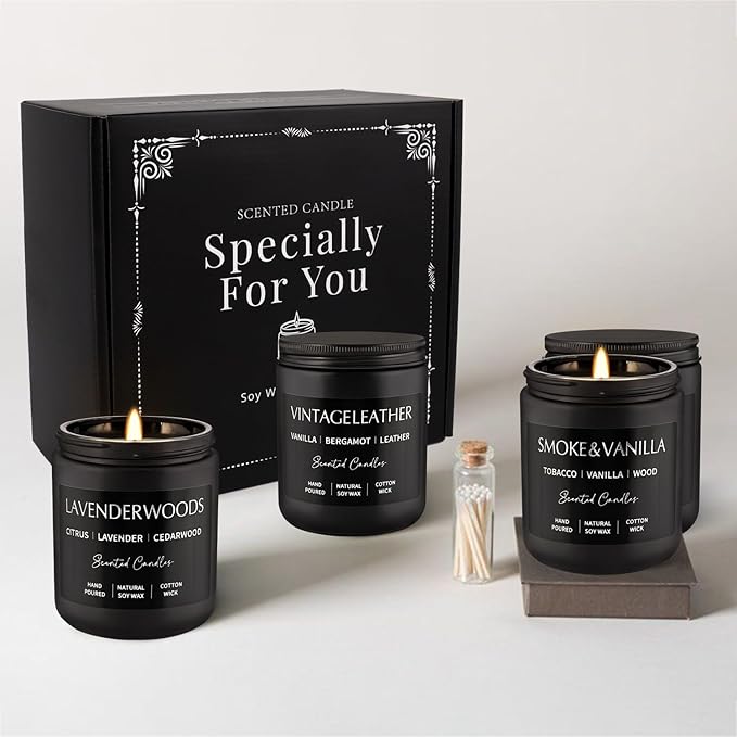 4Psc Scented Candles Set,7oz Gifts for Men Aromatherapy,Soy Candle of Smokeless - Leather & Smoke, Vanilla Oakmoss, Lavender - Relaxing Fragrance for Home, Office, Yoga(Black) - Bloomnest