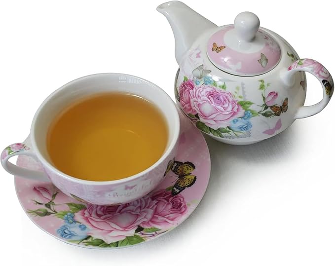 ONEUSTAR Tea for One Set Ceramic Floral Teapot and Cup Saucer Set for Women Afternoon Tea Mother's Day Gift in Reusable Gift Box, Pink Rose Flower - Bloomnest