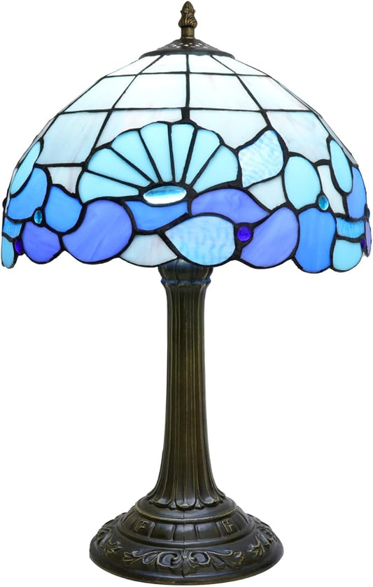 Blue Sea Style Stained Glass Table Lamps Shell Tiffany Lamp Bedroom Bedside Living Room Aesthetic Vintage Accent Farmhouse Night Light for End Table Office Nightstand End Table Desk Reding 12X19 Inch - Bloomnest