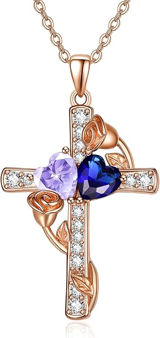 Rose Gold Dual Birthstones Cross Necklace for Women Rose Flower Jewelry Anniversary Christmas Mother's Valentine's Day Birthday Gift for Wife Girlfriend Mom - Bloomnest