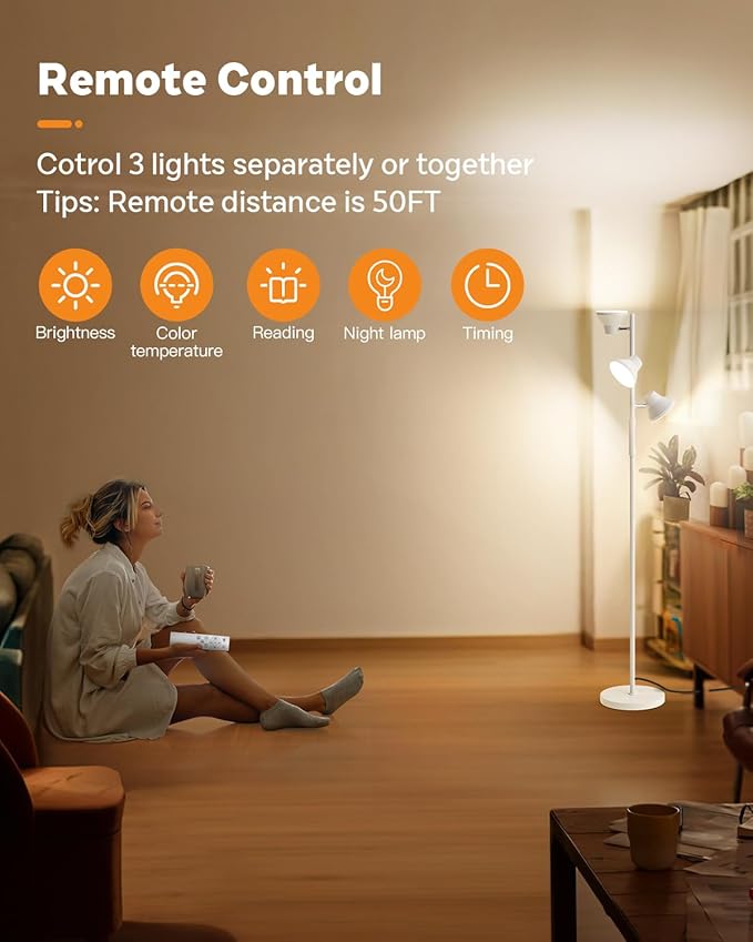 White Floor Lamp, 36W Modern Dimmable Standing Lamp 2700-6500K, 3 Rotatable LED Lights Reading Tall Lamp, Touch & Remote Control Floor Lamps for Living Room Bedroom Office - Bloomnest