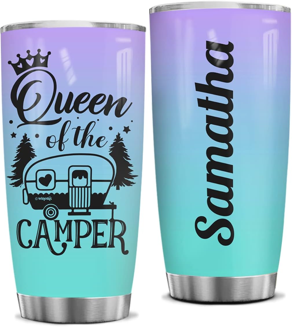 winorax Queen of The Camper Tumbler Personalized Camping Tumbler Gifts For Campers Woman from Husband Boyfriend Sisters Best Friend Coffee Cup 20oz 30oz Travel Mug Stainless Steel