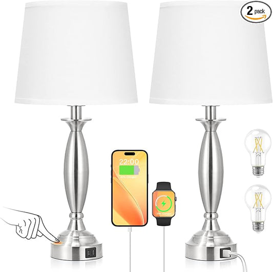 White Lamps for Bedrooms Set of 2 - Touch Control Bedside Lamp with USB C+A, 3 Way Dimmable Nightstand Lamps with USB Port, Table Lamp for Living Room(White Shade and Nickel Base) - Bloomnest