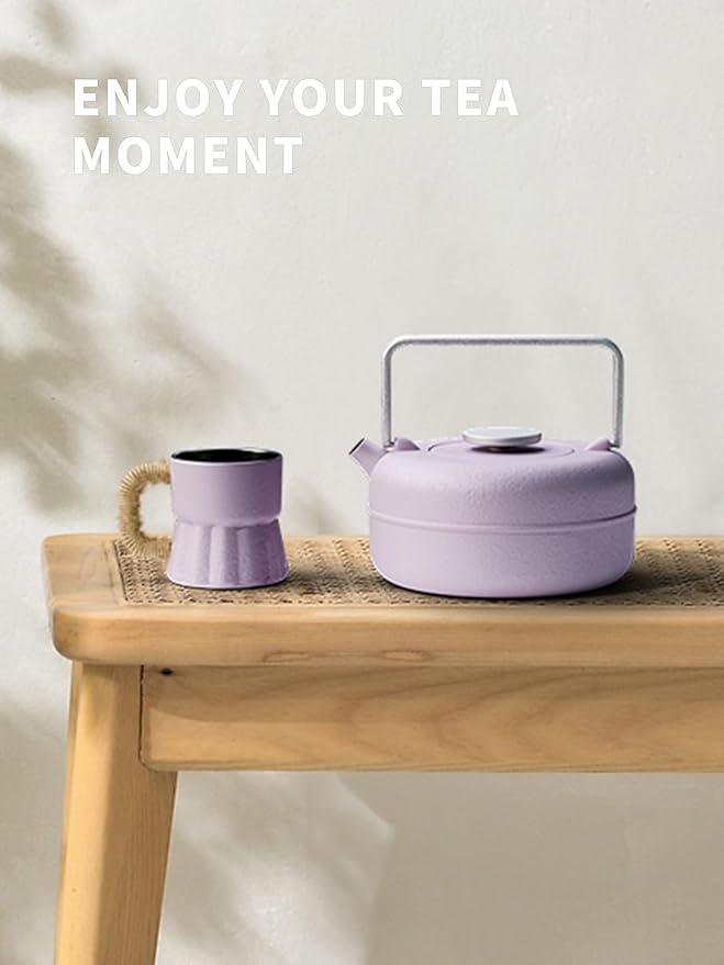 Toptier Teapot with Removable Infuser, Cast Iron Tea Kettle Stovetop Safe, Solid Geometry Cylinder Design Tea Pot Coated with Enameled Interior for 27 Ounce (800 ml), Purple - Bloomnest