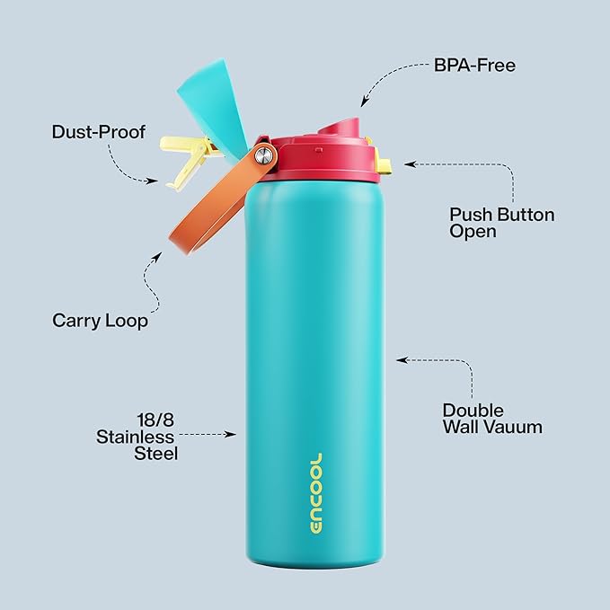 Insulated Water Bottle with Straw - Encool Stainless Steel Water Bottle with Push Button Lid, Leak-Proof & BPA-Free, Keeps Cold for 24 Hours for Sports, Travel, Gym (32 oz, Cerulean Blue) ENCOOL