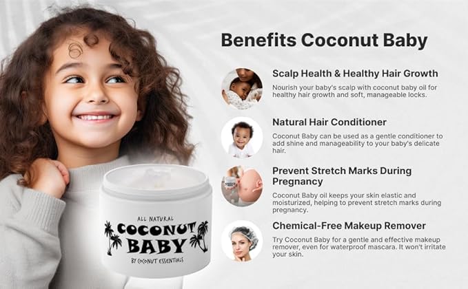 Coconut Essentials Coconut Baby Oil - Natural & Organic Moisturizer, Hair Oil for Cradle Cap Treatment, Newborn Sensitive Skin, Eczema & Psoriasis Relief, Unscented, Sunflower & GrapeSeed 4 floz - Bloomnest