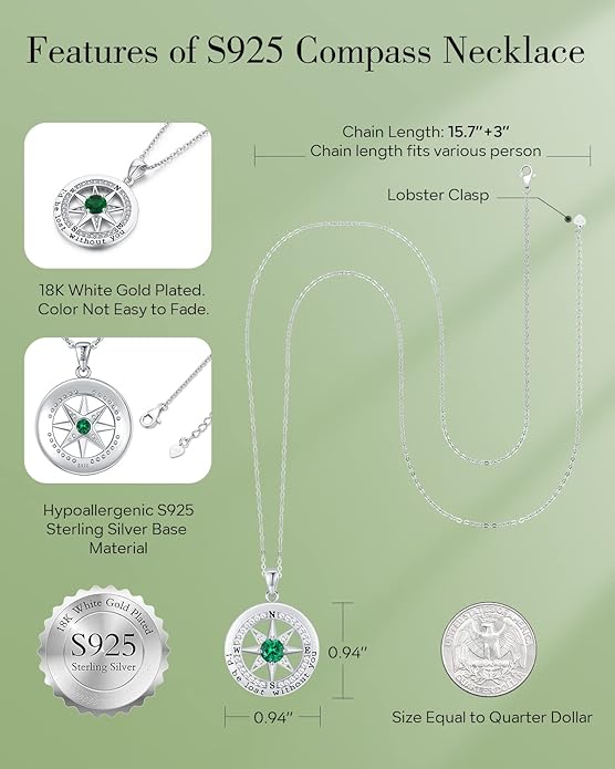 S925 Necklace Gift for Wife |Compass Jewelry |Women Anniversary |Sterling Silver |Girlfriend Birthday Gifts for Her Valentines |I'd be Lost without You |Jewel 18K Gold - Bloomnest