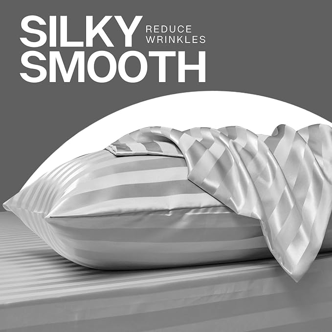 MR&HM Satin Pillowcase for Hair and Skin, Silk Satin Pillowcase 2 Pack, Standard Size Pillow Cases Set of 2, Silky Pillow Cover with Envelope Closure (20x26, Silver Grey Striped) - Bloomnest