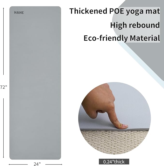 HAHE Yoga Mat Thick (8MM,1/3"), Eco-Friendly POE Non Slip Yoga Mat, High Rebound & Shock Absorption, Anti-Tear & Sweat-Resistant for Yoga, Fitness, Home, Workouts, Large Pilates Mats 72"x24" with Carrying Strap - Bloomnest