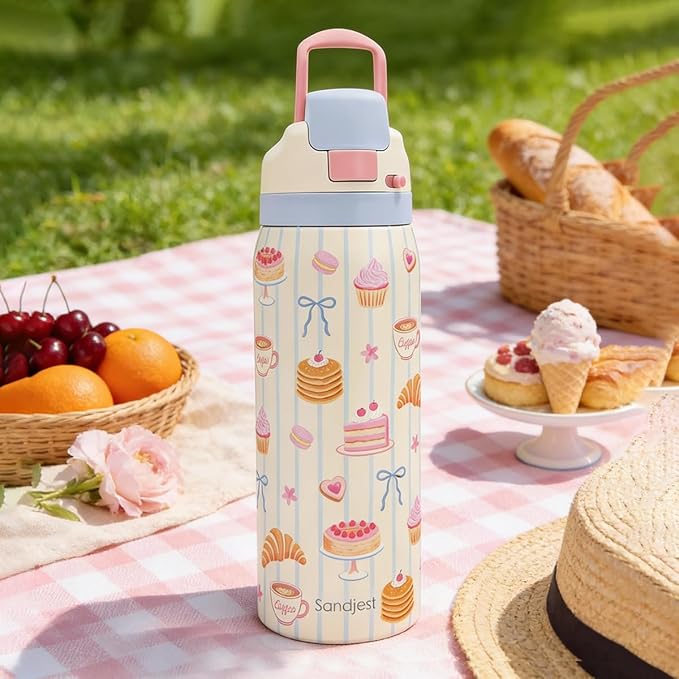 Desserts Stainless Steel Water Bottle, Vacuum Insulated, Push-Button Lid, 32 oz, Gifts for Women Girls Friends Teens Birthday Christmas SANDJEST
