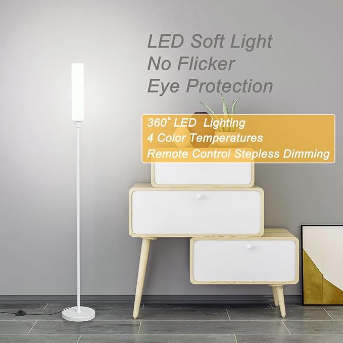 Floor Lamp with Remote Control,Bright Floor Lamps for Living Room/Bedroom/Office, Stepless Adjustable 3000K-6000K Colors and 10-100% Brightness,Standing Light with Foot Switch (White) - Bloomnest