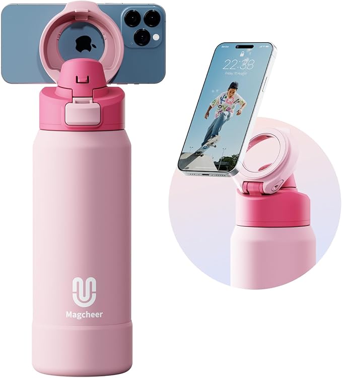 Insulated Magnetic Water Bottle - Reusable Stainless Steel Bottle with MagSafe Compatible Phone Holder - Keeps Cold for 24 Hours - Perfect for Gym, Sports, and Travel - Pink 32oz Magcheer