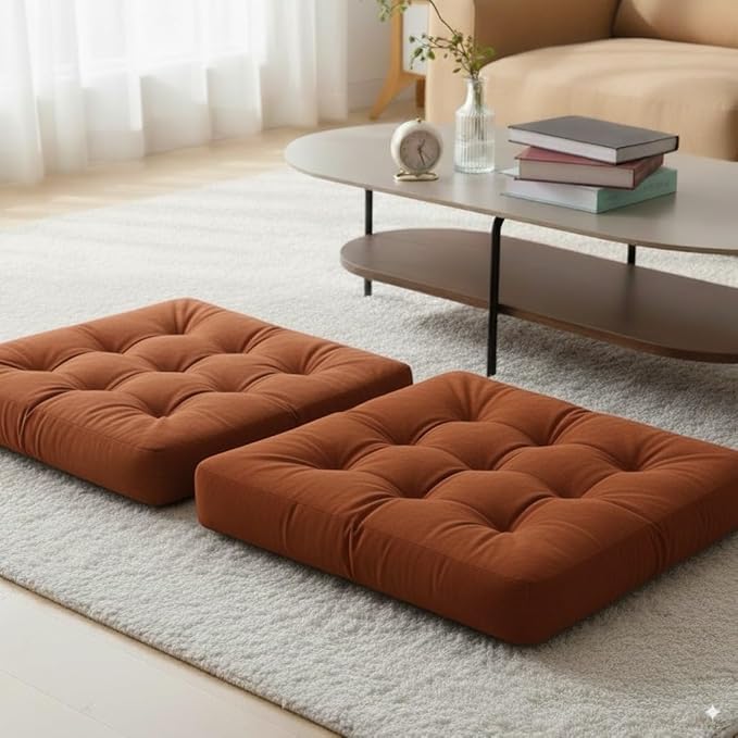 Velvet Floor Pillow Set of 2, Square Large Pillows seating for Adults, Brown Tufted Cushions for Meditation, Yoga, Tatami, Living Room, Chair, Machine-Washable & Dryer-Safe, Brown, 22x22 Inch - Bloomnest