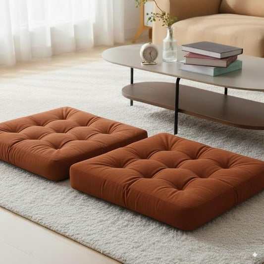 Velvet Floor Pillow Set of 2, Square Large Pillows seating for Adults, Brown Tufted Cushions for Meditation, Yoga, Tatami, Living Room, Chair, Machine-Washable & Dryer-Safe, Brown, 22x22 Inch - Bloomnest