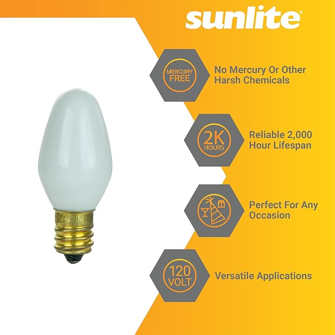 Sunlite 01285 7C7 Incandescent Bulb, 7 Watt, Candelabra E12 Base, C7 Small Night Light, Colored Bulb, White, 25 Count - Bloomnest