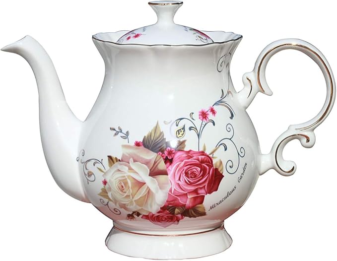 Jomop European Style Ceramic Flower Teapot Coffee Pot Water Pot Porcelain Gift Large 5.5 Cups (1, Rose) - Bloomnest