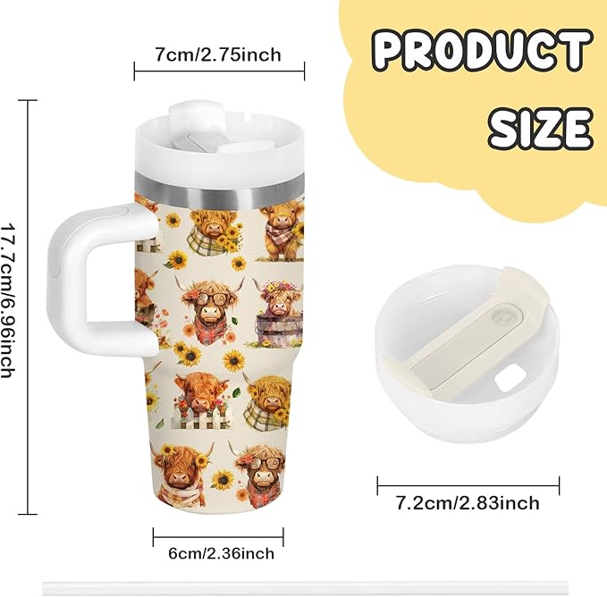 Highland Cow Gifts - 14oz Kids Highland Cattle Yak Tumbler with Handle and Straw, Stainless Steel Insulated Water Cup, for Boys & Girls, Travel - Farm Animal Cow Children Birthday Gift Cup(1pc) - Bloomnest