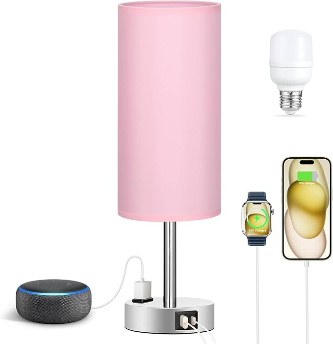 Fenmzee Pink Lamp for Bedroom Nightstand - 3 Way Dimmable Touch Table Lamp USB C Charging Ports, Small Lamp with AC Outlet for Desk Girls Room, LED Bulb Included - Bloomnest