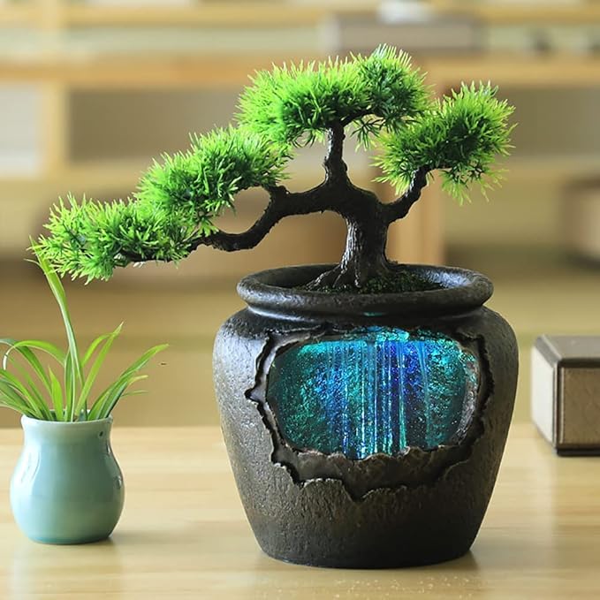 12Inch Fake Bonsai Tree Small Waterfall Fountain Indoor Tabletop Decoration with LED Lights and Water Flow, Resin Desktop Water Fountains Indoor Home Decor or Festival Birthday Surprise - Bloomnest