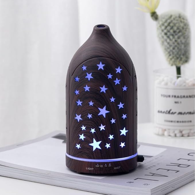 Aromatherapy Diffusers,7.1''x3.5''Diffuser with 3 Essential Oil Set,Small 200ml Office Desk Humidifier with 7 LED Colors Night Lights,Waterless Auto-Off for Home Decor Gift (Star Dark Wood Grain) - Bloomnest