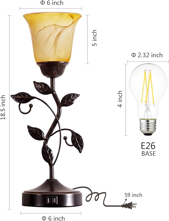 RORIANO Set of 2 Touch Vintage Table Lamps with 2 USB Ports, 3-Way Dimmable Nightstand Flower Lamps, Amber Glass Shade Rustic Leaf Lamp for Living Room Bedroom, LED Bulb Included (Bronze) - Bloomnest