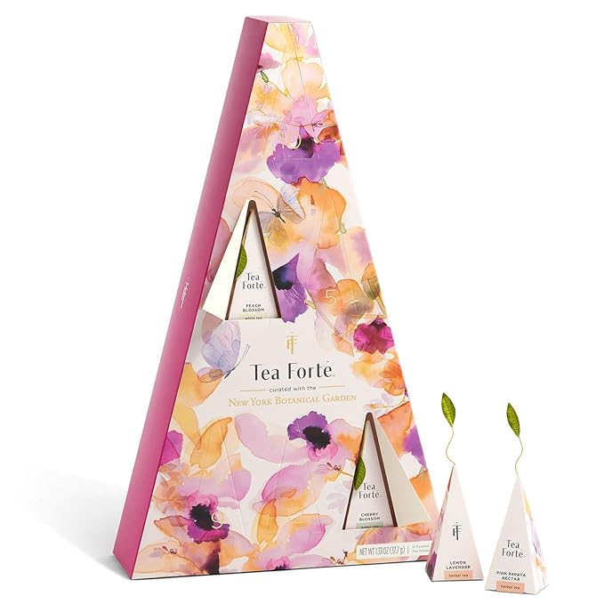 Tea Forte Tea Advent Calendar Gift Set; 12 Individually Wrapped Handcrafted Assorted Pyramid Infuser Tea Bags with Numbered Doors, Mariposa - Bloomnest