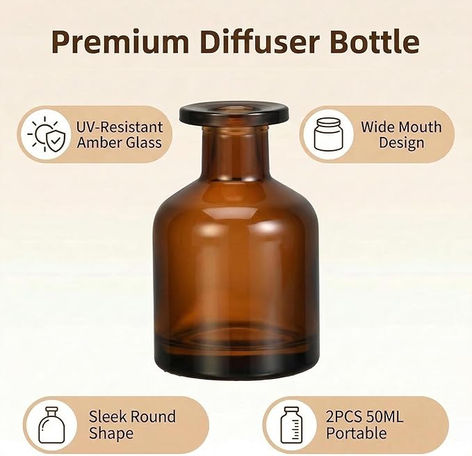 2 Pcs 50ml 1.7oz Glass Aromatherapy Diffuser Bottles Diffuser Jars Essential Oils Jar Containers Flower Bud Vases DIY Replacement Aromatherapy Diffuser Crafts Fragrance Accessories(Amber) Bloomnest