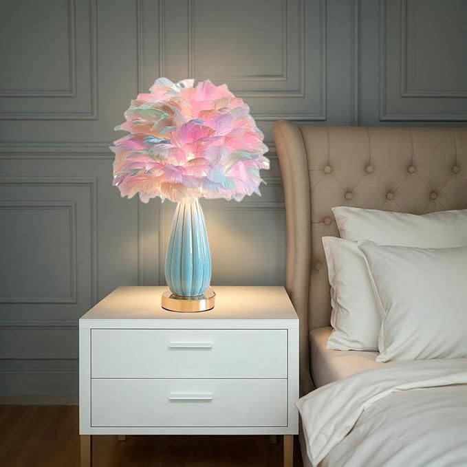 Colorful Feather Lamp Modern Fuzzy Table Lamp Romantic Rainbow Bedside Lamp Nordic Fluffy Princess Nightstand Light for Girl Bedroom Living Room Entry Office Wedding Decor Christmas Gift - Bloomnest