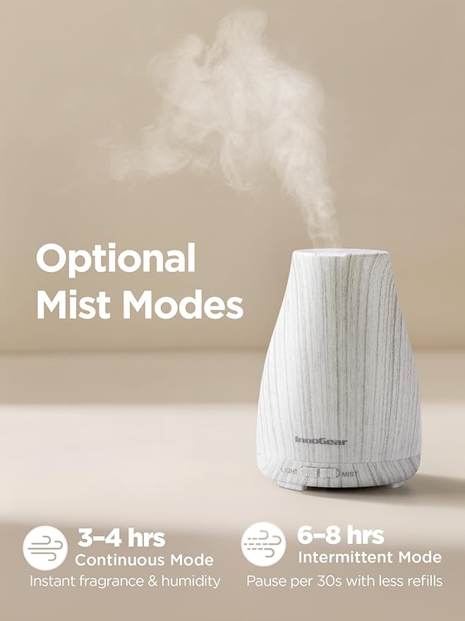 InnoGear Essential Oil Diffuser, Ultrasonic Diffusers for Home Aromatherapy Humidifier for Bedroom Room 7 Colors LED 2 Mist Mode Auto Off, White Grey - Bloomnest