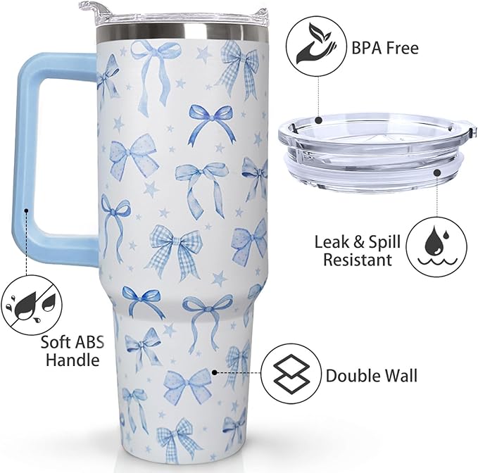 Ceovfoi 40 Oz Blue Bow Tumbler With Handle, Blue Bow Decor Coffee Travel Mug Cup Water Bottle, Gifts for Women Girls - Bloomnest
