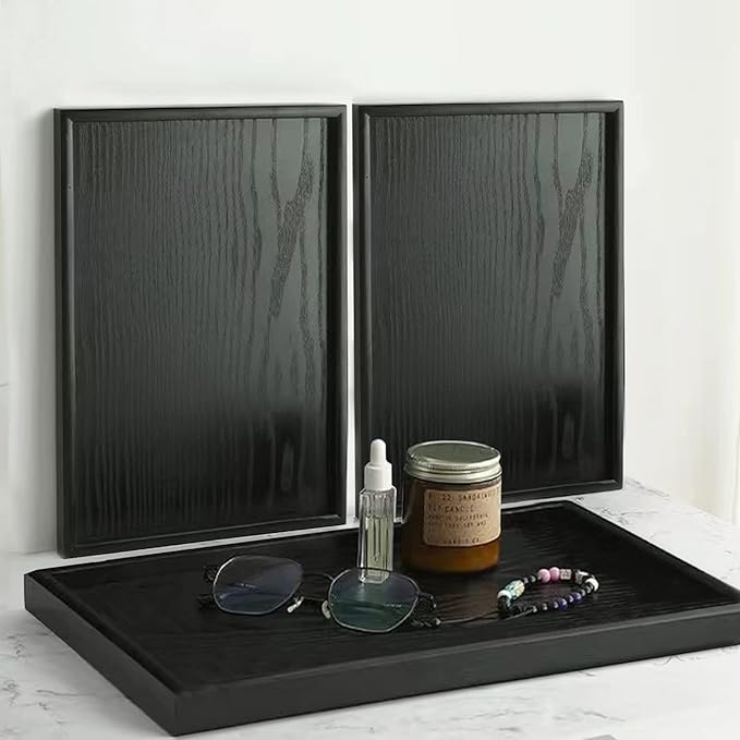 22 x 18 Inches Extra Large Solid Wood Serving Tray for Tea Coffee Table Snack Food Meals Serving Plate Kitchen Party Bar Breakfast Server with Raised Edges Black Wooden Decorative Ottoman Tray - Bloomnest